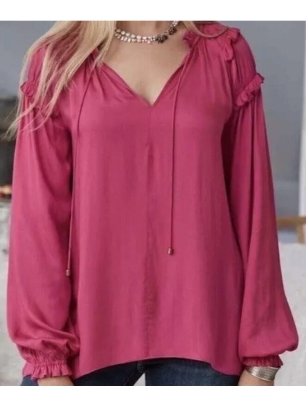Sundance So in Love Cerise Ruffle Neck Flowy Relax Blouse XS NWT Boho Chic